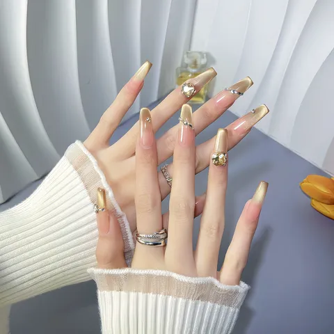 Uñas Postizas Press On Hechas a Mano Lujo Oro Nude Degradado Ojo de Gato Strass Uñas Falsas Largas Acrílicas