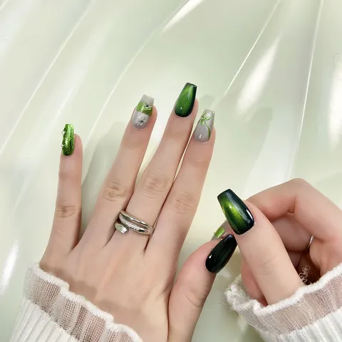Uñas Postizas Press-On Verde Degradado Hechas a Mano Estilo Bosque Floral Strass Kit de Uñas