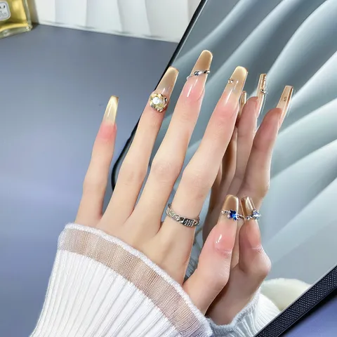 Uñas Postizas Press On Hechas a Mano Lujo Oro Nude Degradado Ojo de Gato Strass Uñas Falsas Largas Acrílicas