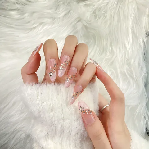 Uñas Postizas Hechas a Mano Rosa Nude Degradado Strass Flor de Cristal Uñas Postizas Acrílicas Consejos de Arte de Uñas para Mujeres