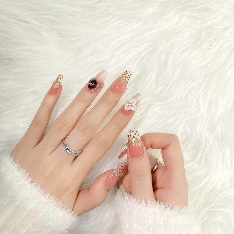 Uñas Postizas Hechas a Mano Rosa Nude Papel de Oro Estampado de Leopardo Flores 3D Strass Uñas Postizas Cobertura Completa Set de Arte de Uñas Para Mujeres