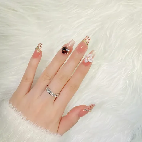 Uñas Postizas Hechas a Mano Rosa Nude Papel de Oro Estampado de Leopardo Flores 3D Strass Uñas Postizas Cobertura Completa Set de Arte de Uñas Para Mujeres