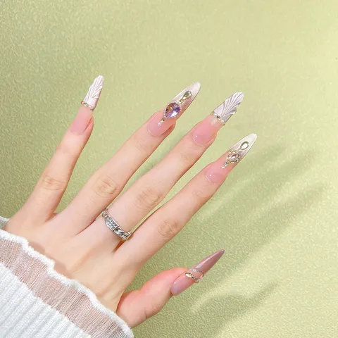 Uñas Postizas Press On Largas de Lujo Hechas a Mano Textura de Concha de Sirena Estrás Kit de Uñas Falsas Artificiales para Mujeres