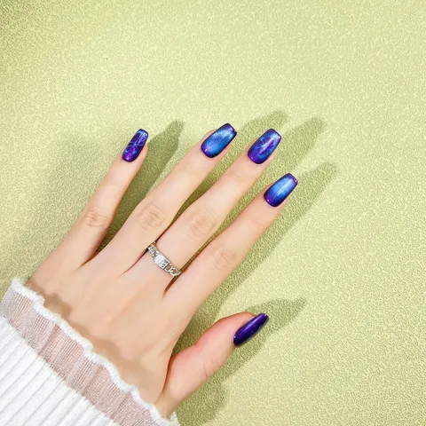 Uñas Postizas Press On Ojo de Gato Azul Morado Hechas a Mano Largas Ataúd Acrílicas con Kit de Herramientas para Mujeres