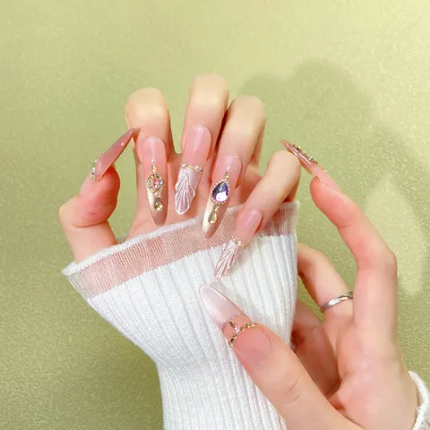 Uñas Postizas Press On Largas de Lujo Hechas a Mano Textura de Concha de Sirena Estrás Kit de Uñas Falsas Artificiales para Mujeres