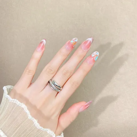 Uñas Postizas Hechas a Mano Degradado de Rubor Rosa Ojo de Gato Estrás Uñas Postizas Ovaladas Conjunto de Arte de Uñas Artificiales para Mujeres