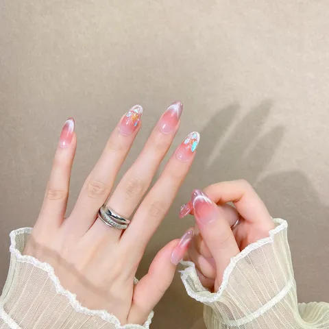 Uñas Postizas Hechas a Mano Degradado de Rubor Rosa Ojo de Gato Estrás Uñas Postizas Ovaladas Conjunto de Arte de Uñas Artificiales para Mujeres