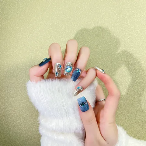 Handmade Cat Eye Press On Nails Luxury Gemstone False Nails Rhinestone Short Trapezoid Artificial Fingernails
