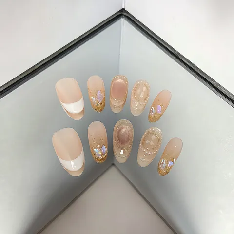 Uñas Postizas Hechas a Mano Nude Suave Francés Brillo Strass Ojo de Gato Uñas Acrílicas Arte para Mujeres