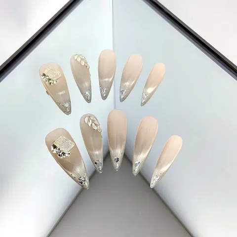Uñas Postizas Hechas a Mano Rosa Nude Degradado Ojo de Gato Strass Uñas Postizas Novia Boda Set de Arte de Uñas Artificiales Largas