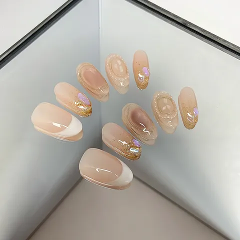 Uñas Postizas Hechas a Mano Nude Suave Francés Brillo Strass Ojo de Gato Uñas Acrílicas Arte para Mujeres