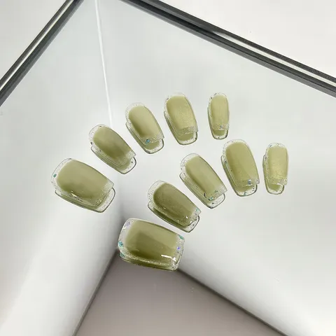 Uñas Postizas Press On Hechas a Mano Verde Aguacate Ojo de Gato Borde Brillo Uñas Postizas Set de Arte de Uñas Almendra Larga para Mujeres Niñas