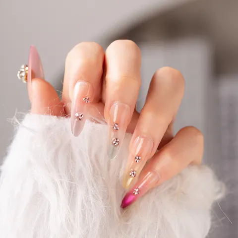 Uñas Postizas Degradadas Hechas a Mano Almendra Larga Con Estrases y Detalles Florales para Mujer Arte de Uñas Diario