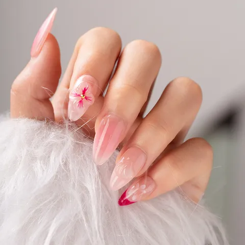 Uñas Postizas Press On Hechas A Mano Degradado Rosa Uñas Falsas Flores Diamantes Imitación Almendra Para Mujeres Uso Diario Fiesta
