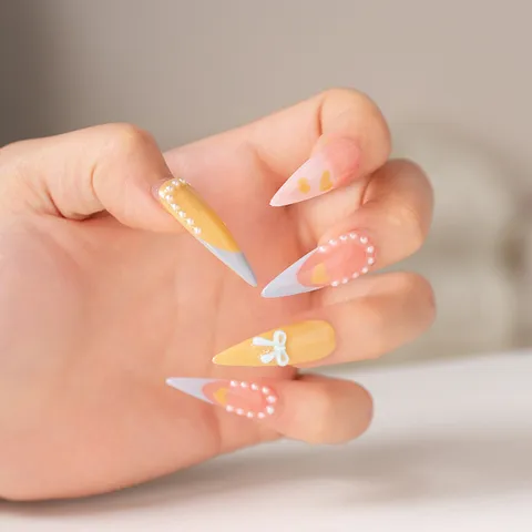 Uñas Postizas Largas Coffin Hechas a Mano Dulce Degradado Perla Lazo Uñas Postizas Conjunto de Consejos de Arte de Uñas de Acrílico