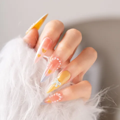 Uñas Postizas Largas Coffin Hechas a Mano Dulce Degradado Perla Lazo Uñas Postizas Conjunto de Consejos de Arte de Uñas de Acrílico
