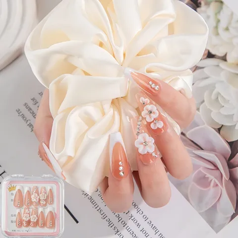 Uñas Postizas Florales 3D Hechas a Mano Uñas Postizas Degradadas Francesas Strass Uñas Postizas Para Mujeres Fiesta Diaria