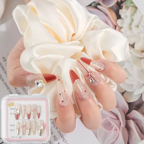 Handmade Press On Nails Rhinestone Polka Dot Long Almond False Nails Fake Nails With Jelly Glue Nail Art Set For Women