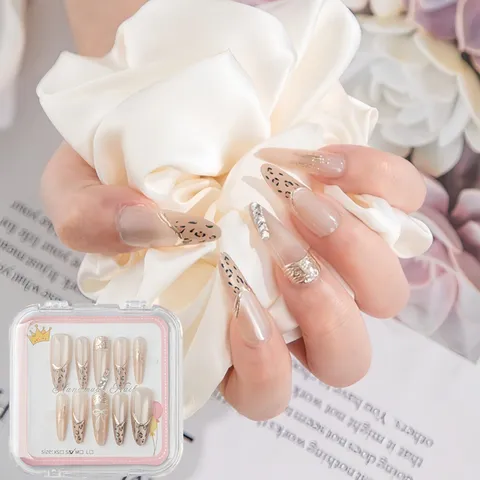 Uñas Postizas Largas Estampado Leopardo Strass Hechas a Mano Falsas Uñas Estilo Europeo Uñas Falsas Para Mujeres Arte de Uñas Diario