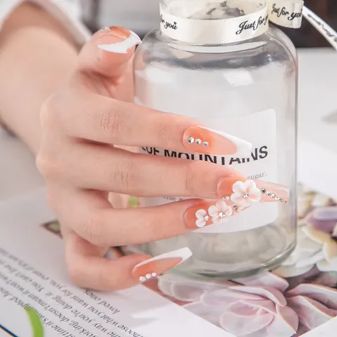 Uñas Postizas Florales 3D Hechas a Mano Uñas Postizas Degradadas Francesas Strass Uñas Postizas Para Mujeres Fiesta Diaria