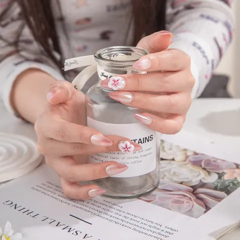 Uñas Postizas Hechas a Mano Estilo Japonés 3D Floral Estrás Uñas Falsas Almendra Largas Puntas de Uñas Artificiales para Mujer