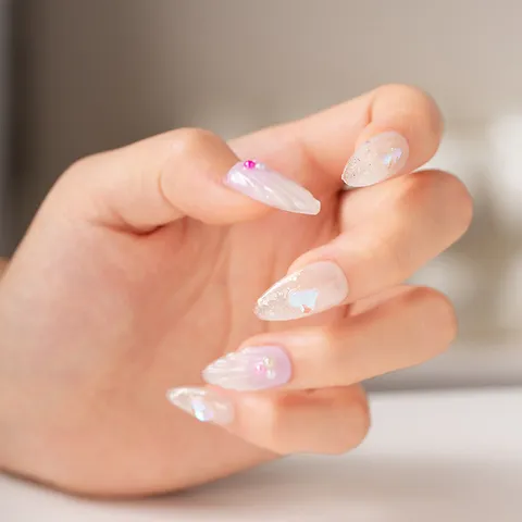 Uñas Postizas Press On Hechas a Mano Forma Almendrada Larga Lujo Cristal Strass Perla Artificial Concha Uñas Falsas Estilo Ins para Mujer Belleza