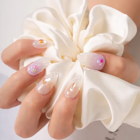 Uñas Postizas Press On Hechas a Mano Forma Almendrada Larga Lujo Cristal Strass Perla Artificial Concha Uñas Falsas Estilo Ins para Mujer Belleza
