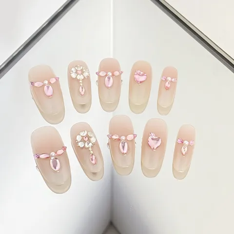 Uñas Postizas Press On Hechas a Mano Lindo Corazón Diamante de Imitación Uñas Falsas Reutilizables Estilo Princesa Francesa Consejos de Arte de Uñas Para Fiesta de Mujeres