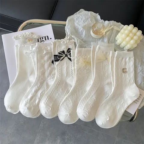 Japanese Lolita Cute Bow Lace Mid-Calf Socks Women Preppy Style Sweet Cotton Hosiery Sweet Girl Daily Accessories