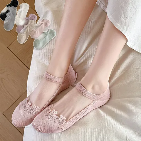 Chaussettes Courtes pour Femmes Semelle en Coton Pur Soie de Cristal Printemps Été Mince Respirant Maille Dentelle Chaussettes de Bateau