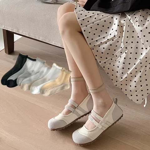 Women's Summer Ultra Thin Transparent Glass Silk Socks Japanese Solid Color Lace Cotton Bottom Mid-Calf Socks