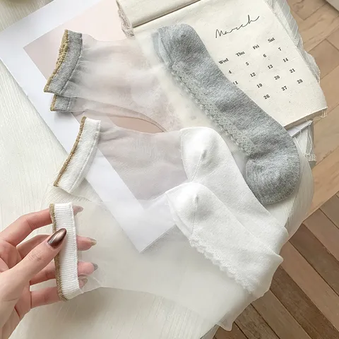 Women's Summer Ultra Thin Transparent Glass Silk Socks Japanese Solid Color Lace Cotton Bottom Mid-Calf Socks