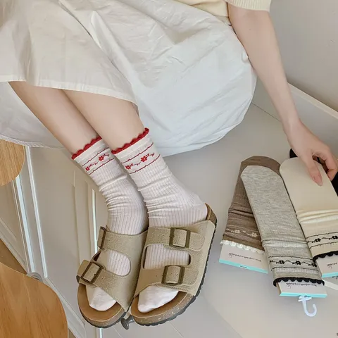 Women's Japanese Style Floral Lace Trim Crew Socks Thin Breathable Mesh Cotton Casual Sweet Ruffle Hosiery