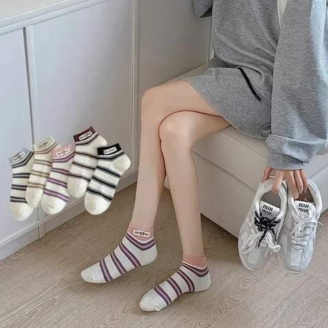 Women's Cute Bear Patch Striped Boat Socks Spring Summer Casual Cotton Short Socks Low Cut Ankle Socks