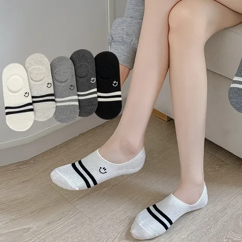 Women's Cute Smiley Face Embroidered Invisible Boat Socks Summer Thin Breathable Cotton Casual Striped Short Socks