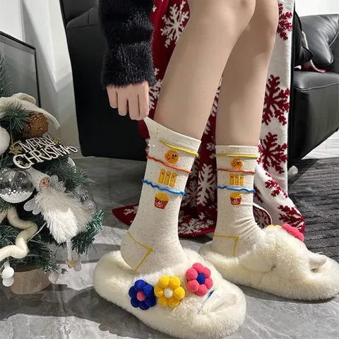Women's Cute French Fries Embroidered Mid-Tube Socks Cotton Trendy Niche Design Casual Sweet Lace Long Socks