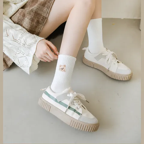 Calcetines de Media Pantorrilla con Bordado de Oso Lindo para Mujer Algodón Casual Color Sólido Primavera Otoño Invierno Uso Diario Moda