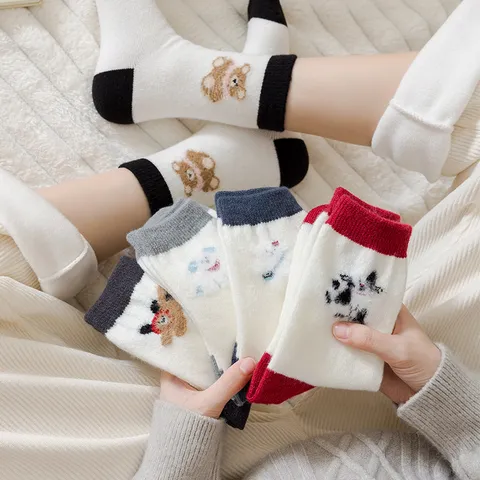 Women's Winter Thickened Warm Wool Socks Cute Cartoon Bear Flocking Contrast Color Mid-Calf Casual Sweet Hosiery