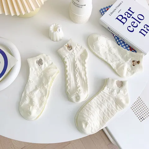 Women Cute Embroidery Short Socks White Cotton Breathable Casual Ins Style Low Cut Crew Socks