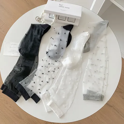 Women Summer Sheer Glass Silk Cotton Bottom High Tube Socks Sweet Polka Dot Casual Fashion Long Socks