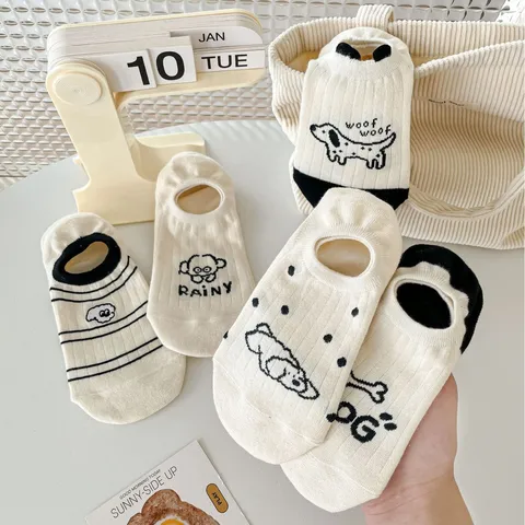 Women's Cute Puppy Pattern No Show Socks Breathable Cotton Anti-Slip Low Cut Short Socks Spring Summer Footwear