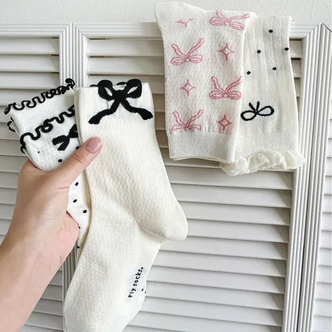 Women's Lolita Casual Cotton Blend Mid-Calf Socks Sweet Cute Bowknot Lace Trim Mesh Breathable Fashion Hosiery