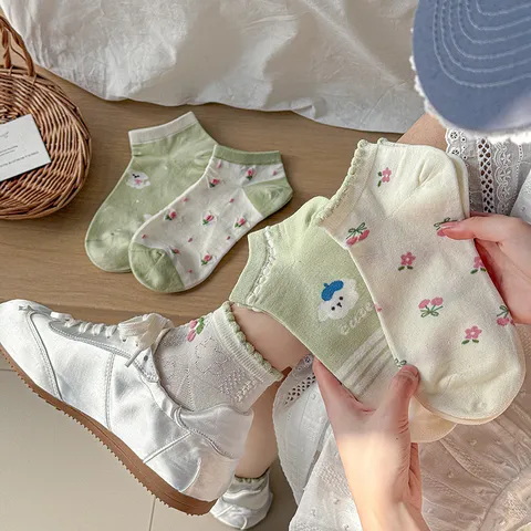 Women's Floral Cotton Ankle Socks Cute Dog And Cherry Pattern Casual Breathable Sweat Absorbent Short Socks