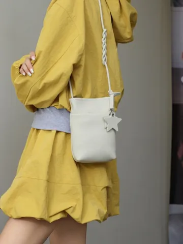 Genuine Leather Crossbody Mobile Phone Bag Women Minimalist Solid Color Small Shoulder Bag With Star Pendant Daily