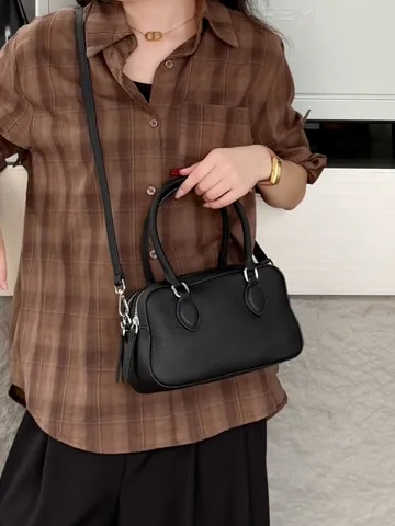 Genuine Leather Boston Bag For Women Retro Mini Handbag Top Handle Crossbody Shoulder Pillow Bag Fashion Chic Purse