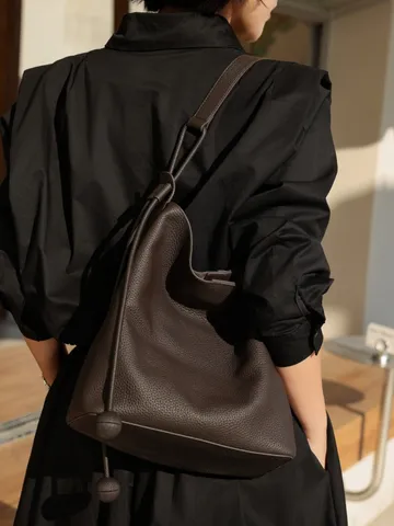 Genuine Leather Bucket Bag For Women Commuting Large Capacity Casual Shoulder Underarm Bag Solid Color Chic Handbag