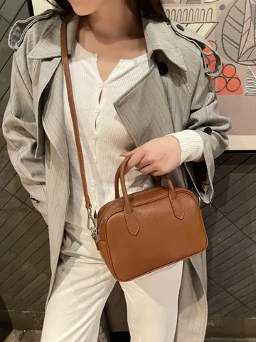 Genuine Leather Boston Bag For Women Small Top Handle Satchel Casual Commuting Handbag Vintage Retro Solid Color Shoulder Bag