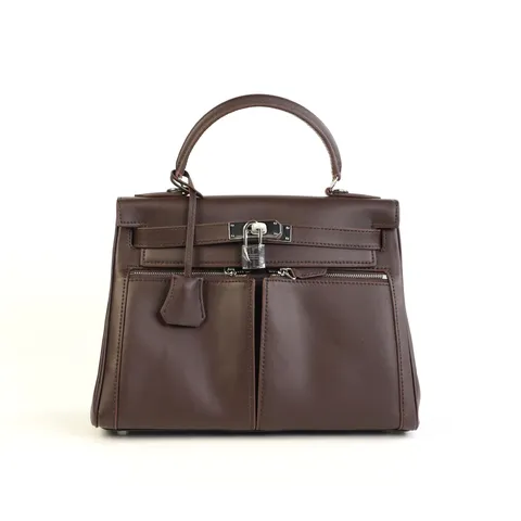 Large Capacity Commuter Cowhide Women Handbag Kelly Style Shoulder Crossbody Bag With Double Front Pockets