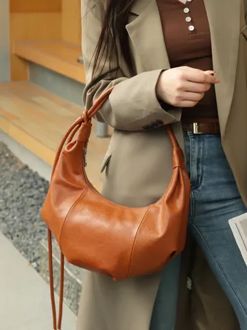 First Layer Cowhide Dumpling Bag Retro Lazy Style Women Shoulder Crossbody Bag Casual Versatile Underarm Hobo Bag