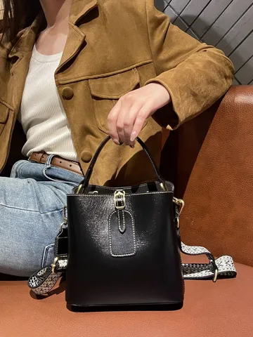Women Genuine Leather Bucket Bag Vintage Retro Crossbody Shoulder Bag Top Handle Handbag Daily Commuter Bag